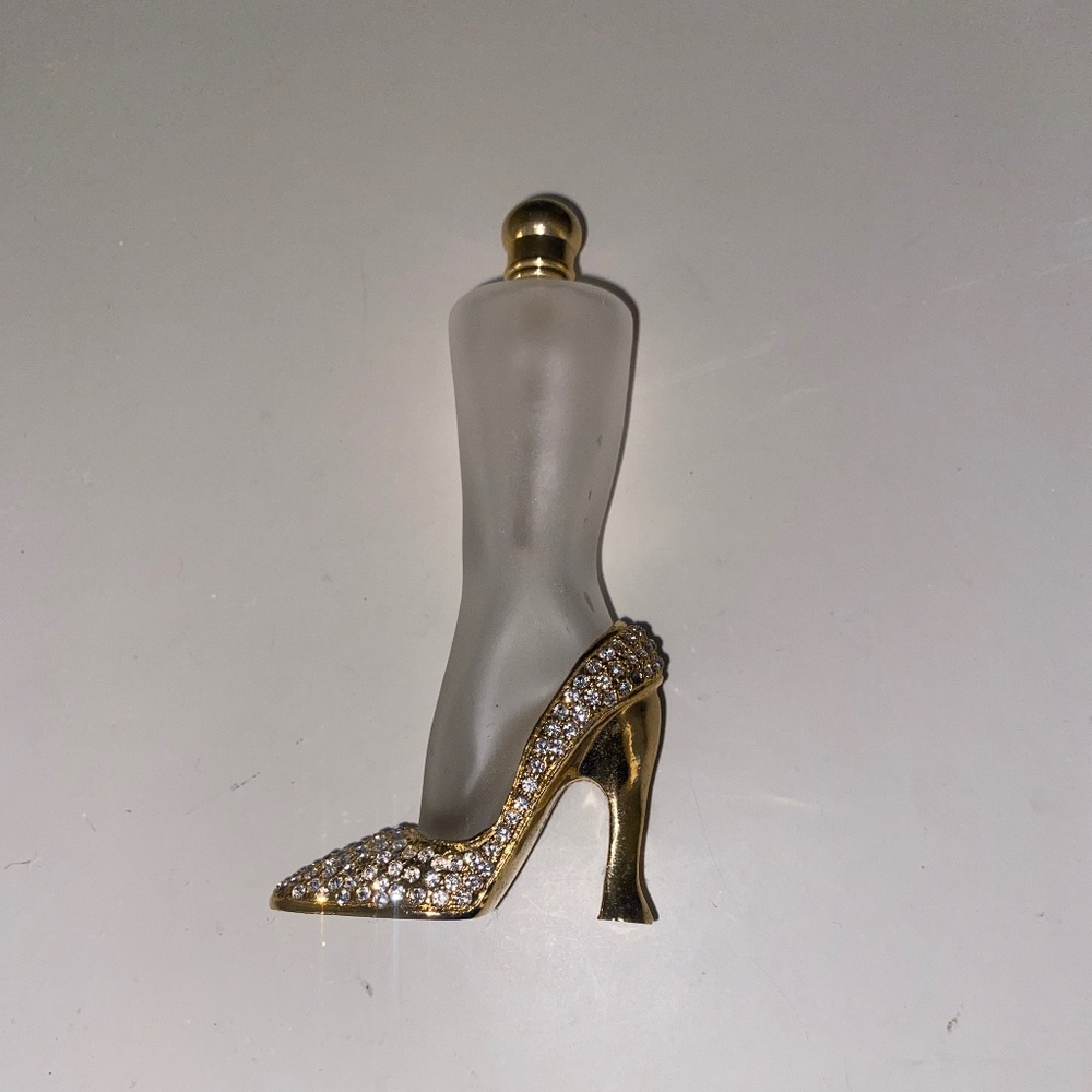 Perfume Bottle Gold w/ Rhinestones High Heel Shoe Frosted Glass Leg 4" Screw Top